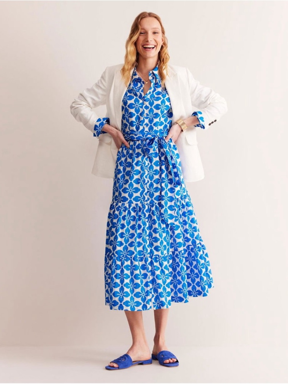 Boden Flo Cotton Midi Shirt Dress-Indigo Bunting, Floral Tile- NWT Sz 14R - Picture 2 of 8